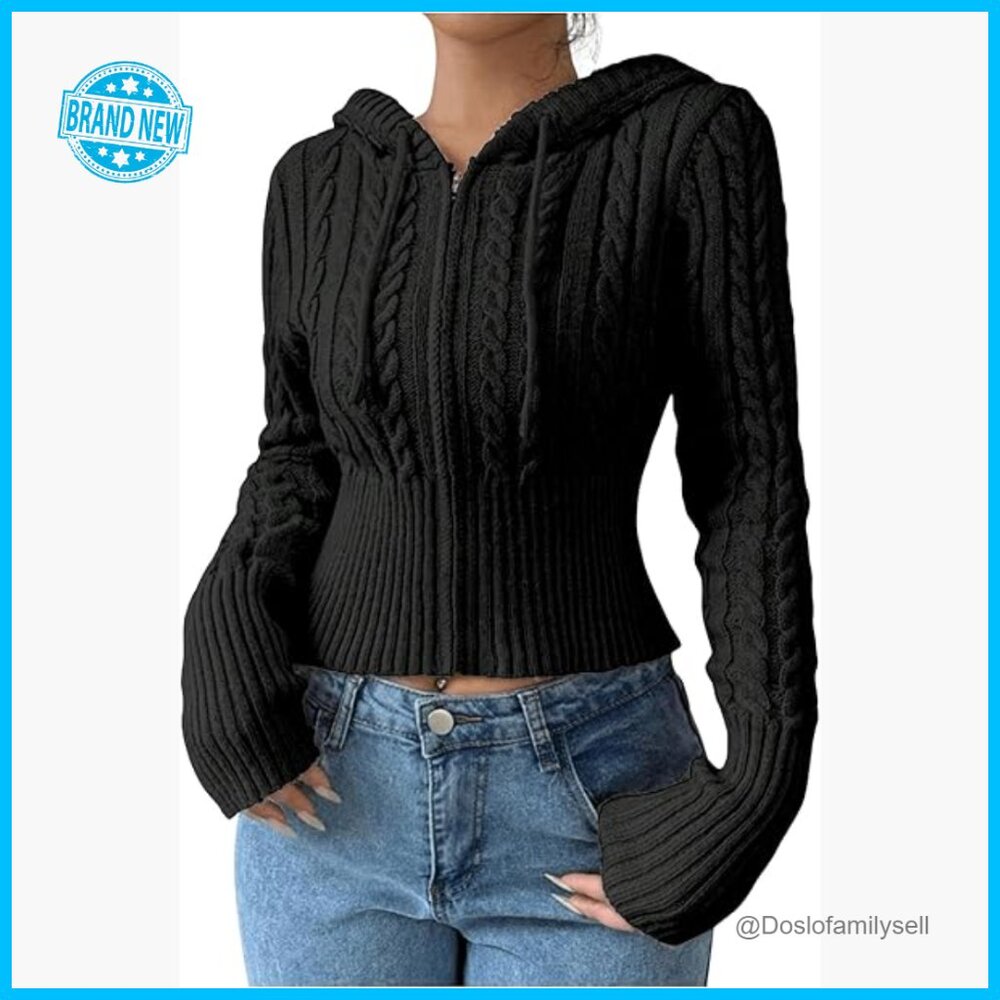 Crop Cardigan Sweater Cable Knit Zip Up Hooded Long Sleeve Y2K Outerwear